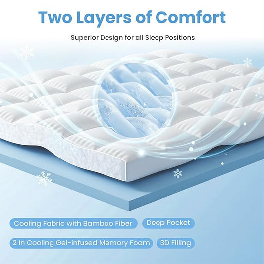 NEWBULIG Memory Foam Mattress Topper, Dual Layer Gel Memory Foam & Mattress Topper Queen for Pressure Relief and Medium Firmness Support, CertiPur-US Certified