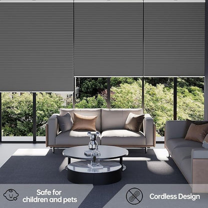 Cellular Shades Blackout Honeycomb Blinds for Indoor Windows, Cordless Cellular Shades 1.5 inch Cell Pleated for Bedroom Home Office, Custom Size, Blackout Light Grey
