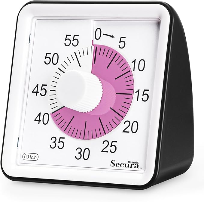 Secura 60-Minute Visual Countdown Timer for Kids & Adults, Classroom Time Management Tool (Pink & Black)