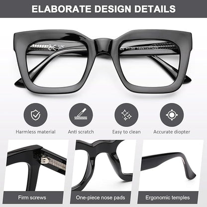 AQWANO Stylish Oversized Reading Glasses for Women Fashion Designer Readers Blue Light Square Computer Glasses