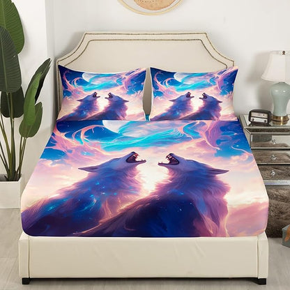 Wild Wolf Kids Fitted Sheet Full Size,Cloud Sky Dreamy Bedding Set,Boys Girls Room Decor,Hunting Animal Adventure Rustic Farmhouse Bed Cover,Blue White Bed Sheet,2 Pillowcases