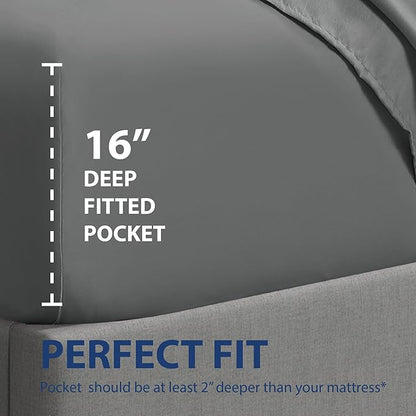 Cathay Home California King Fitted Sheet - Double Brushed Ultra Soft – Wrinkle & Fade Resistant - 16" Deep Pocket Fitted Sheet Only - Good Fit for 14"-18" Deep Mattress (Cal King, Gray)