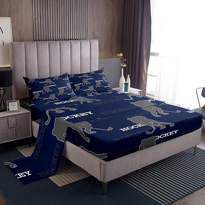 Manfei Hockey Players Bed Sheets Twin Size, Easy Wash Bedding Set,Competitive Games Teamwork Kids Room Decor,Dark Blue Gray Sheet(Fitted+Flat+1 Pillowcase)