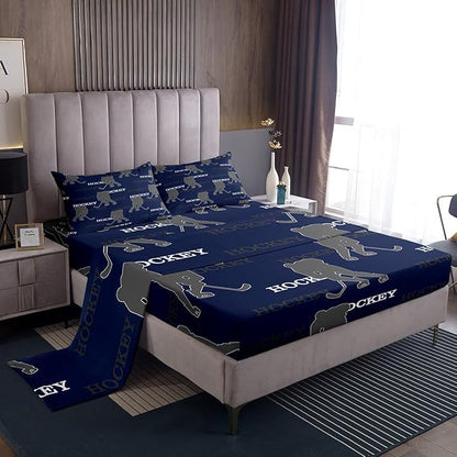 Manfei Hockey Players Bed Sheets Twin Size, Easy Wash Bedding Set,Competitive Games Teamwork Kids Room Decor,Dark Blue Gray Sheet(Fitted+Flat+1 Pillowcase)
