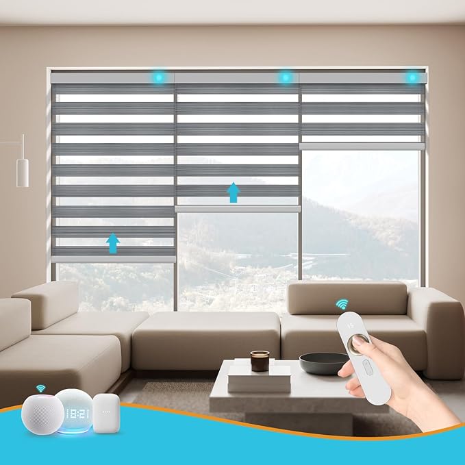 Motorized Zebra Blinds with Remote Smart Blind Work with Homekit Alexa SmartThings Electric Day and Night Shade Cordless Automatic Solar Powered Window Shade Customize(Wooden Texture Grey)