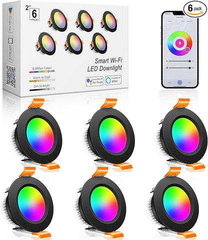 inShareplus 2 Inch Smart Recessed Lighting, 6 Pack WiFi Black LED Downlight 5W 120V, Dimmable RGBCW 2700-6500K Color Changing, Compatible with Alexa/Google, Ceiling Lights with LED Driver