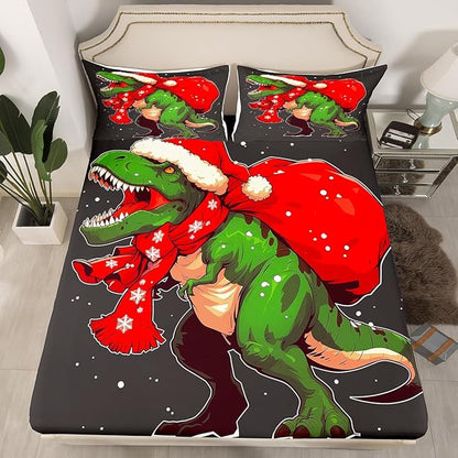 Manfei Green Dinosaur Kids Sheet Set Queen Size, Dinosaur Santa Claus Bedding Set for Boys Girls Teens Bedroom Decor, Christmas Theme Bed Sheet Set 4pcs (Fitted Sheet, Flat Sheet, 2 Pillowcases)
