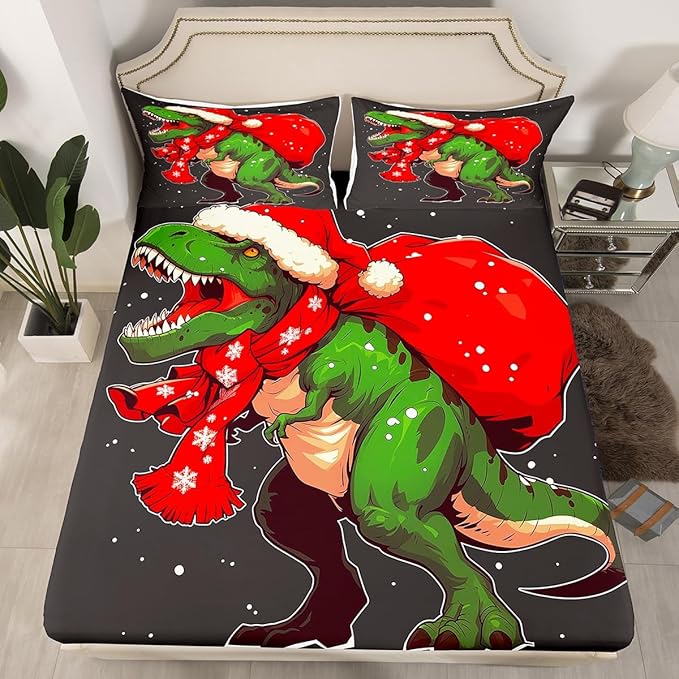Manfei Green Dinosaur Kids Sheet Set Twin Size, Dinosaur Santa Claus Bedding Set for Boys Girls Teens Bedroom Decor, Christmas Theme Bed Sheet Set 3pcs (Fitted Sheet, Flat Sheet, 1 Pillowcase)