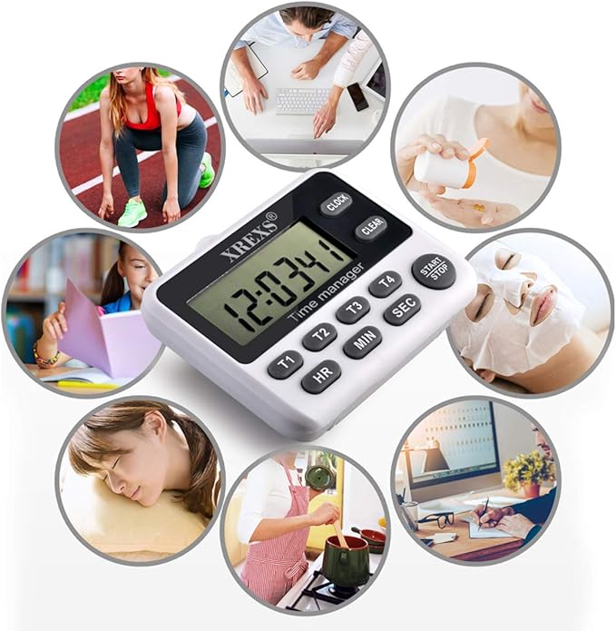 XREXS 4-Channel Digital Kitchen Timer Clock with Large LCD Display, 4 Groups Simultaneous Timing Countdown Up Pocket Timer, Magnetic Attachable (Battery Included)