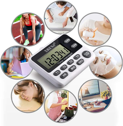 XREXS 4-Channel Digital Kitchen Timer Clock with Large LCD Display, 4 Groups Simultaneous Timing Countdown Up Pocket Timer, Magnetic Attachable (Battery Included)