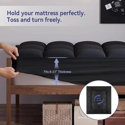 ELEMUSE Twin XL Black Mattress Topper for College Dorm Room Essentials, Extra Long Twin Mattress Pad for Back Pain Relief, Plush Pillowtop with Elastic Deep Pocket, Overfilled Down Alternative Filling