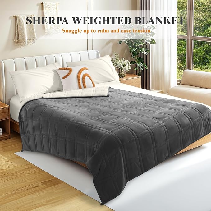 LBRO2M Sherpa Weighted Blanket 15 lbs, Heavy Blanket Sherpa Flannel with Glass Beads, Soft Thick Comfort Blankets for Adults,Bed Heavy Blanket 60 X 80 Inches, Dark Gray