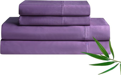YnM Cooling Bed Sheet Set with 100 Percent Rayon Derived from Bamboo, 400TC Fabric with 2 Pillowcases and Flat Sheet, Deep Pocket Fit 19'', Silky-Soft & Sweat Wicking, 4 Piece (Full, Lavender Purple)