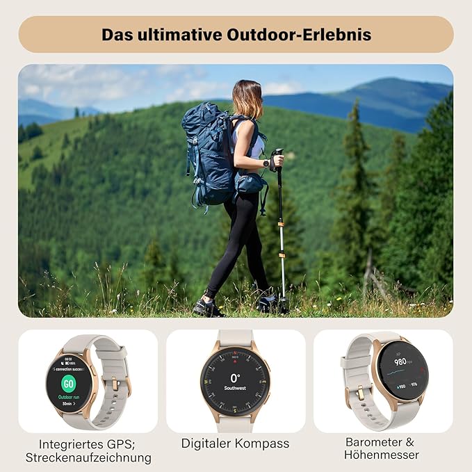 Smart Watch for Women with Built-in GPS & Alexa (Make/Answer Call), 1.32" AMOLED Fitness Tracker with Altimeter Compass for Hiking Running, HRV/Sleep/SpO2 Monitor, 5ATM Waterproof for iPhone Android