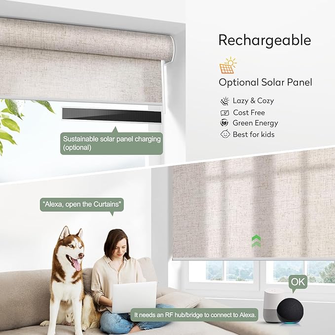 ZSHINE Motorized Window Blinds Over-Size Customize Width (21-114 Inches) Remote Control Wireless and Rechargeable Motor Roller Shades Blinds for Windows(Light Filtering Linen Texture)