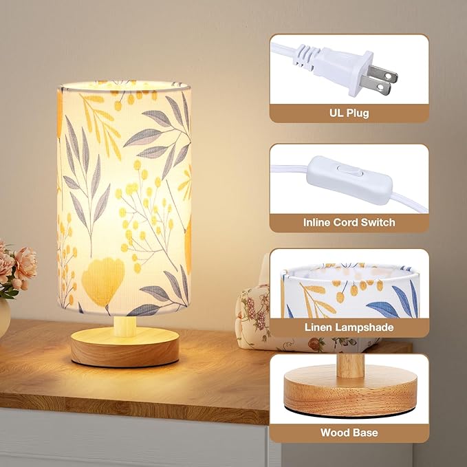 Fenmzee Ginkgo Table Lamp for Bedroom - Inline Control, Small Bedside Lamp with 3000K A15 LED Blub, Easy Assembly (Ginkgo White Shade, 9" Inline Control)