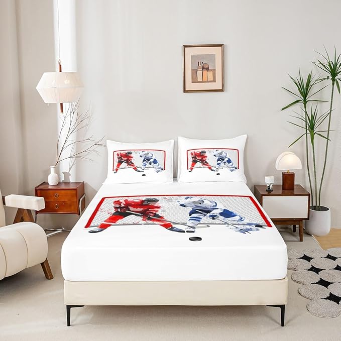 Ice Hockey Sports Bed Set - Twin Size, Red White Blue, Deep Pocket Fitted Sheet + Flat Sheet + 1 Pillowcase