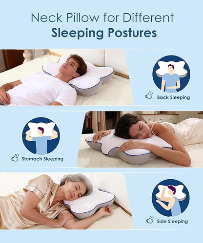 Cervical Neck Pillow for Pain Relief, Ergonomic Side Sleeper Pillow for Neck Support, Cooling Memory Foam Pillows Contour Orthopedic Bed Pillow for Back Stomach Sleepers (White)