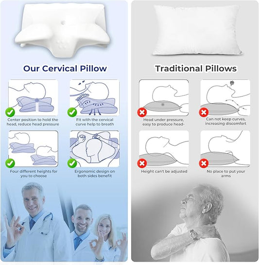 Cervical Pillow for Neck Pain Relief, Cooling Contour Memory Foam Pillows Support Odorless Ergonomic Neck Pillow Adjustable Orthopedic Bed Pillow for Side Back Stomach Sleeper with Pillowcase,White