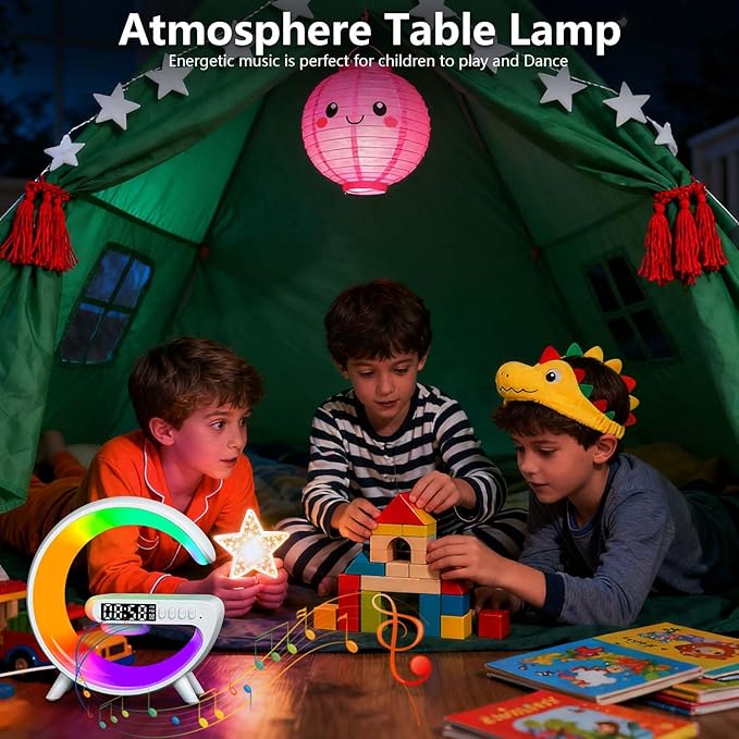 2026 New Wireless Speaker Charger, Smart Alarm Clock LED Table Lamp Bluetooth Speaker Atmosphere Bedside Light with Wireless Charging Station,Alarm Clock Music Lit Lamp Christmas Gift