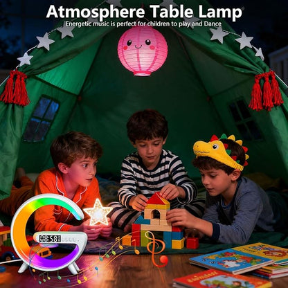 2026 New Wireless Speaker Charger, Smart Alarm Clock LED Table Lamp Bluetooth Speaker Atmosphere Bedside Light with Wireless Charging Station,Alarm Clock Music Lit Lamp Christmas Gift