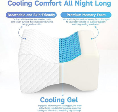 CloudBliss Knee Pillow for Side Sleepers-Cooling Leg Pillow for Side Sleeping, Memory Foam Knee Pillow for Hip Pain, Lower Back Pain, Sciatica Pain, Knee Wedge Pillow with Contour Design, White