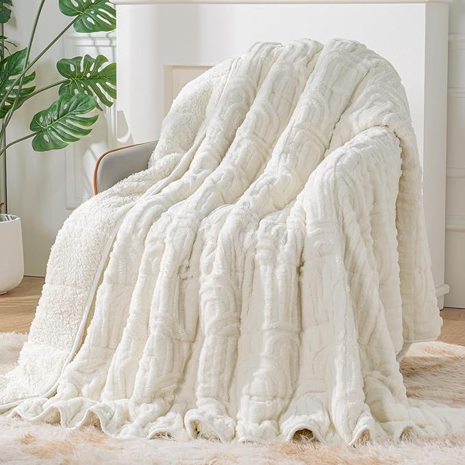 Sherpa Fleece Adult Weighted Blanket Great for Sleep, 15 lbs Dual Sided Soft Fuzzy Heavy Blankets for Couch Bed Sofa, Cozy Warm Arched Jacquard Throw for Winter (Cream White, 60" x 80", 15 Pounds)
