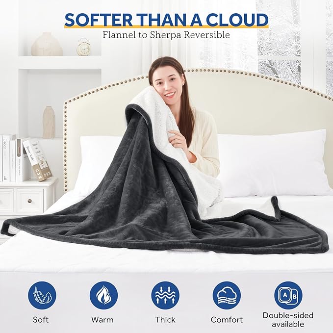 Sealy Heated Blanket Throw with Built-in Button Controller, Reversible Flannel to Sherpa Electric Blanket with 2-10 Hours Auto-Off & 4 Heating Levels, Over-Heat Protection, 50x60 inch, Charcoal
