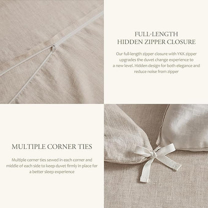 DAPU 100% Linen Duvet Cover Set 3PCs, Pure Natural French Flax Linen Duvet Cover King 90"x104" with Corner Ties and Zipper Closure, Soft Breathable Durable for Hot Sleepers (Natural Linen, King)