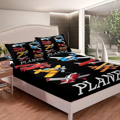 Cartoon Airplanes Kids Fitted Sheet Twin Size,Aviation Aircraft Warplane Helicopter Bedding Set,Boys Girls Room Decor,Flying Plane Air Vehicles Bed Cover,Black Bed Sheet,1 Pillowcase(No Top Sheet)