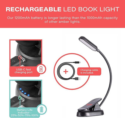 hooga Amber Book Light, Blue Light Blocking - Dual Mode Rechargeable Night Reading Light, 1600K Amber and 625nm Red for Reading in Bed at Night. Gift for Students, Kids, Travel, Study.