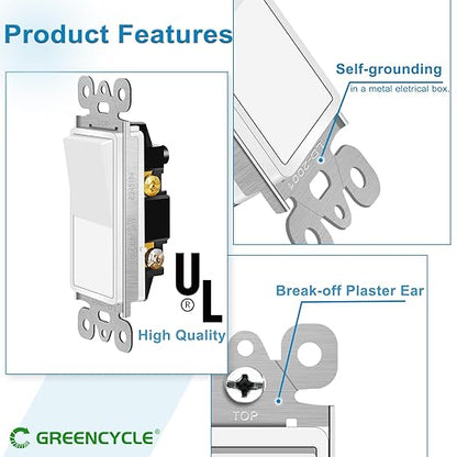 Greencycle Single Pole Rocker Light Switch,Paddle Light Switch 15 Amp,Sp Switches White,120V-277V AC,On/Off Wall Switches, Residential/Commercial Grade,Home & Office,UL/CUL,2PK