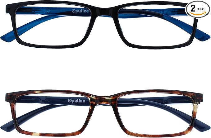 OPULIZE SEE Reading Glasses with Blue Light Blocking for Women and Men, Narrow Frame, Spring Hinges, Computer Gaming Glasses, Black,Brown +2.5 (Pack of 2)