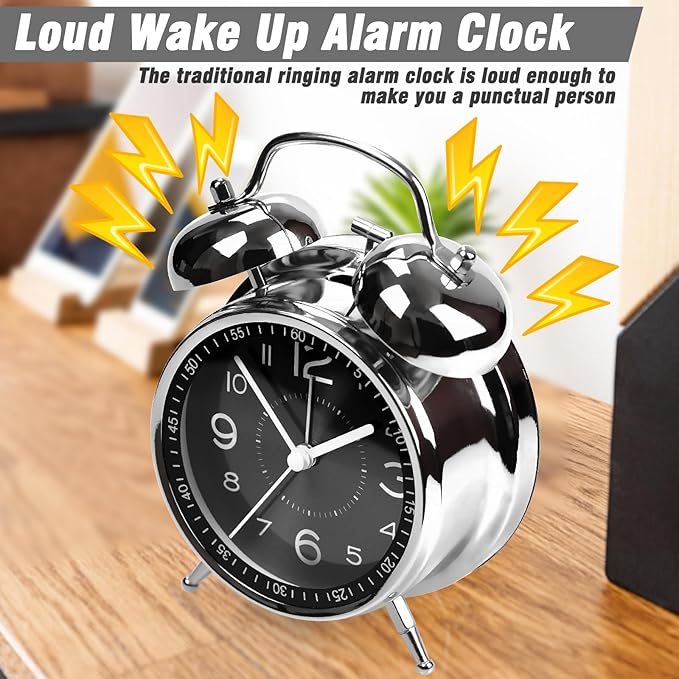 Super Loud Alarm Clock for Heavy Sleepers Adults,Twin Bell Retro 4 Inch Silent Non-Ticking Quartz with Backlight, Metal dial, Alarm Clocks for Bedrooms Bedside (Black)