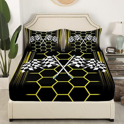 Yellow Honeycomb Geometric Fitted Sheet Queen Size Racing Car Bedding Sheet Set,Checkered Flag Bed Cover Ultra Soft Breathable Bedding 3 Pcs