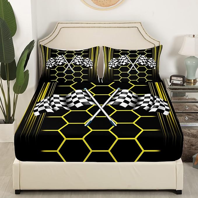 Checkered Flag Bedding Set Twin Size Racing Car Bed Set for Teens Bedroom Decor Kids Sheet Microfiber Yellow Honeycomb Geometric Bed Cover(1 Fitted Sheet+1 Pillow Case)