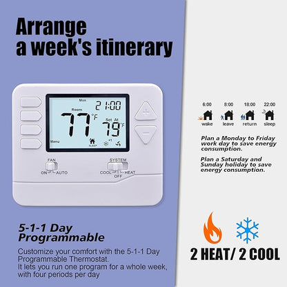 5-1-1 Day Programmable Thermostat for Home Conventional Single or Multistage Systems, up to 2 Heat/ 2 Cool, (with White Backlight)