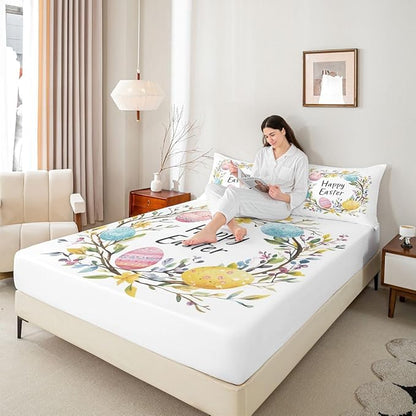 Happy Easter Fitted Sheet Queen Size Flowers Floral Easter Eggs Bedding Set for Kids Bedroom Spring Holiday Farmhouse Bed Sheet Set 3pcs White Colorful Deep Pocket Mattress Cover,No Top Flat