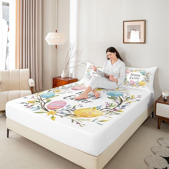 Happy Easter Fitted Sheet Twin Size Flowers Floral Easter Eggs Bedding Set for Kids Bedroom Spring Holiday Farmhouse Bed Sheet Set 2pcs White Colorful Deep Pocket Mattress Cover,No Top Flat