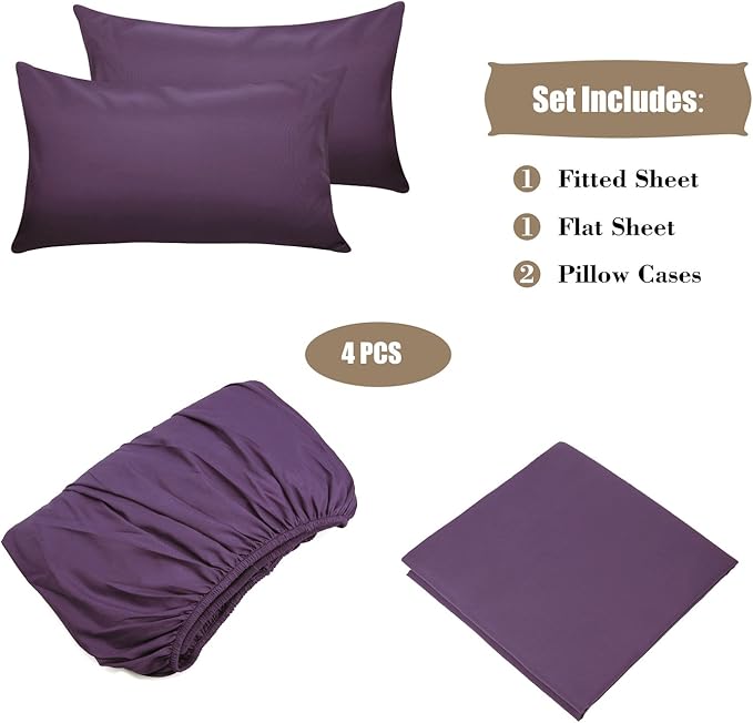4 Piece Bed Sheets Set (Full,Purple) 1 Flat Sheet,1 Fitted Sheet and 2 Pillow Cases,Brushed Microfiber Luxury Bedding with Deep Pockets