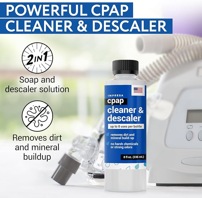 IMPRESA CPAP Cleaning Solution - 2-Pack, 8 Fl Oz Bottles - Residue-Free Citric Acid Descaler - Safe Plastic Component & Sleep System Cleaner - Travel-Friendly Pack