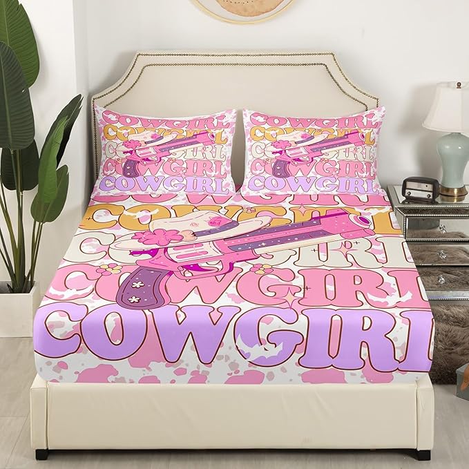Manfei Western Ghost Bed Sheet Set 3 Pieces,Tribal Cowboy Hat Halloween Cute Ghost Microfiber Bedding Set Without Flat,Brown Cowhide Rustic Cow Fur Print Fitted Sheet,2 Pillow Cases,Full Size