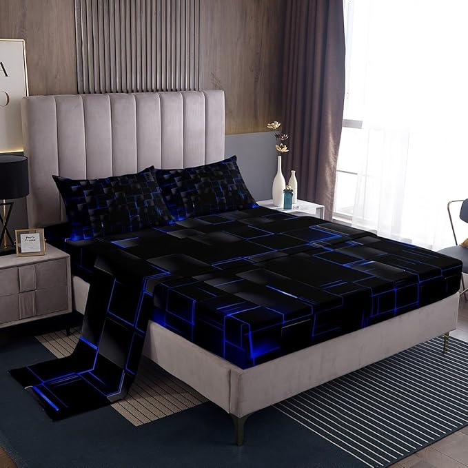 Manfei Geometric Sheet Set Full Size, Abstract Square Grid Bed Sheet Set 4pcs with Deep Pocket Fitted Sheet + Flat Sheet + 2 Pillowcases, Royal Blue and Black Bedding Set for Kids Boy Teen Room Decor