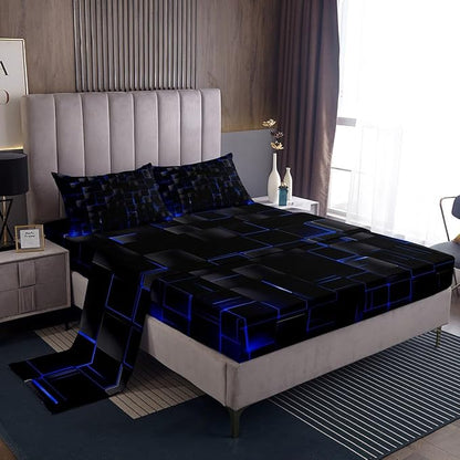 Manfei Geometric Sheet Set King Size, Abstract Square Grid Bed Sheet Set 4pcs with Deep Pocket Fitted Sheet + Flat Sheet + 2 Pillowcases, Royal Blue and Black Bedding Set for Kids Boy Teen Room Decor