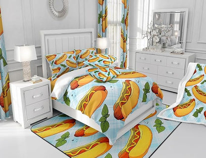 Manfei Fast Food Sheet Set Twin Size, American Cartoon Hot Dog Hamburg Bedding Set for Kids Boys Girls Room Decor, Blue White Plaid Bed Sheet Set 3pcs (Fitted Sheet, Flat Sheet, 1 Pillowcase)