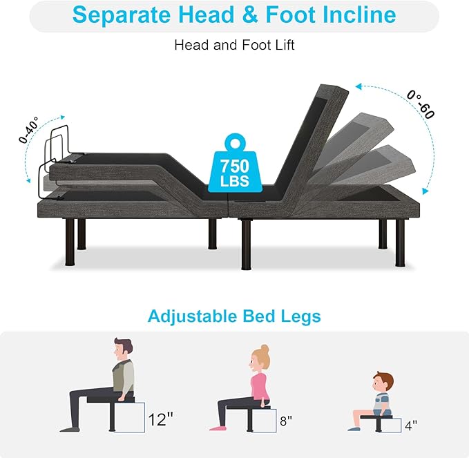 Vipbear Split King Adjustable Bed Base - Dual Motor Bed Frame with Wireless Remote, Zero Gravity/Anti-Snore/TV Mode, Under-Bed LED Light & 4 USB Ports, 3-Height Adjustable Legs