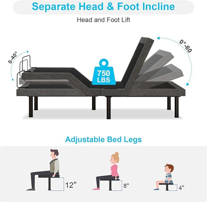 Vipbear Twin XL Adjustable Bed Base - Dual Motor Bed Frame with Wireless Remote, Zero Gravity/Anti-Snore/TV Mode, Under-Bed LED Light & 4 USB Ports, 3-Height Adjustable Legs