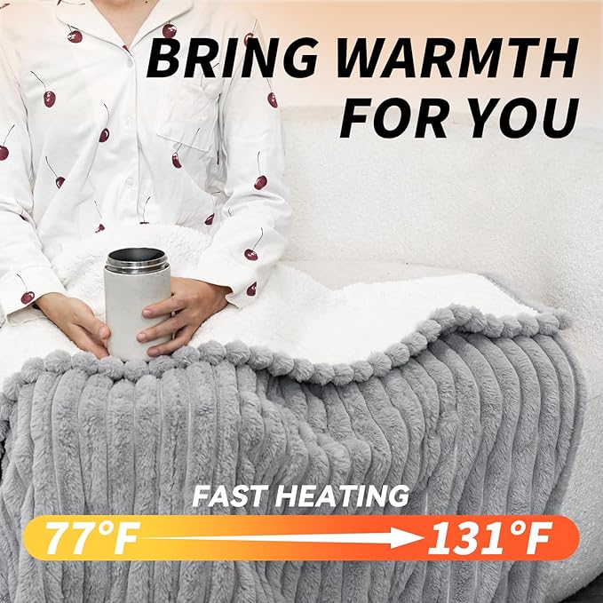 Heated Blanket Throw Size 50" x 60" Faux Fur & Sherpa Electric Blanket Throw with 6 Heating Levels & 1-8 Hours Auto Off, Soft Cozy Heating Blanket Machine Washable, Grey