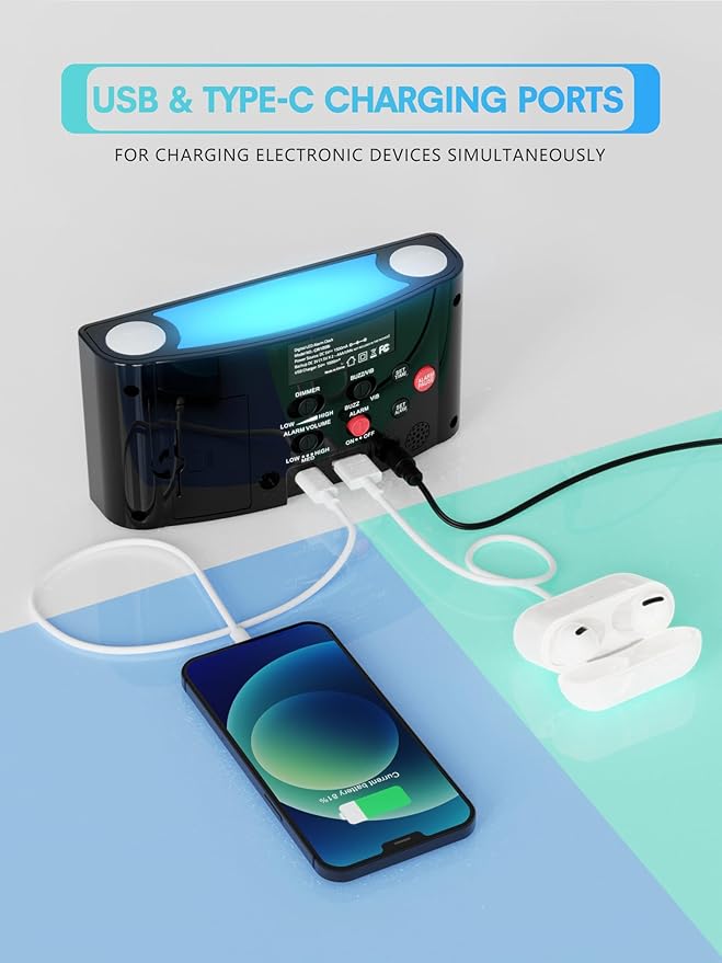 ROCAM Extra Loud Alarm Clock with Bed Shaker, Vibrating Alarm Clock for Heavy Sleepers Deaf Hearing Impaired, 7" Large Display, Dual USB Charger, 7 Color Night Light, Dimmer, Snooze & Battery Backup