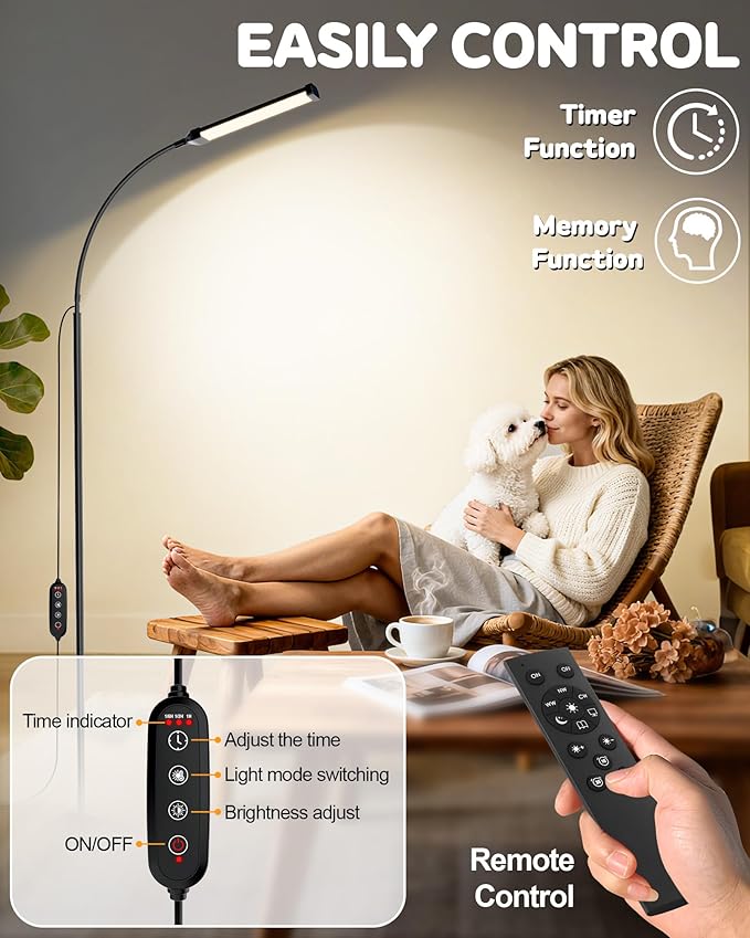 Light Therapy Lamp, 10000Lux UV-Free Sunlight Therapy Happy Lamp, Full Spectrum Light Therapy Floor Lamp with Adjustable Height & Brightness, 3 Color Temps, Therapy Lamp with Remote Control